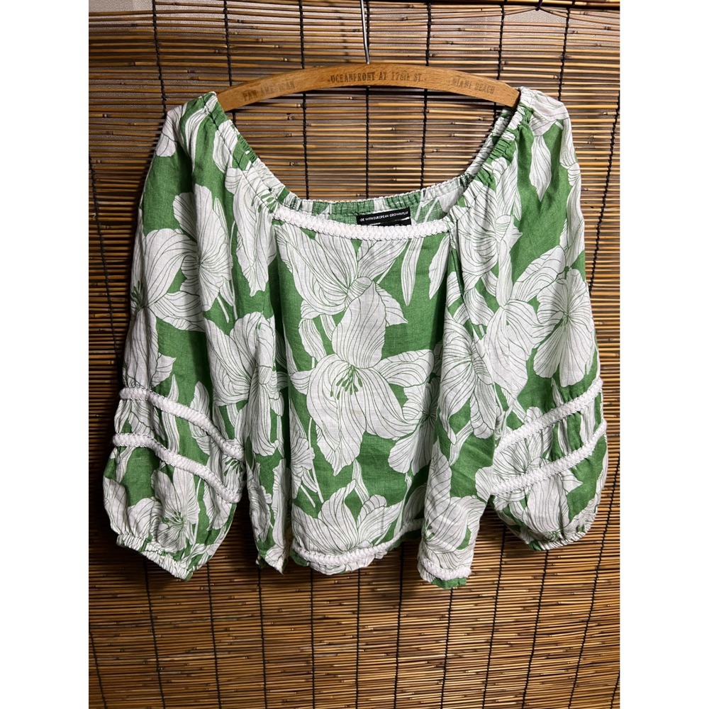 Tahari Medium Peasant Top Green Floral Puff Sleeve 100% Linen